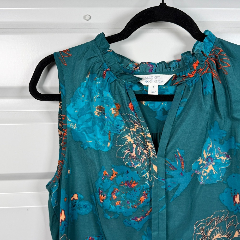 Market & Spruce Teal Floral Sleeveless Ruffle Neck Blouse Top Small‎ WGW10355 - Picture 2 of 4